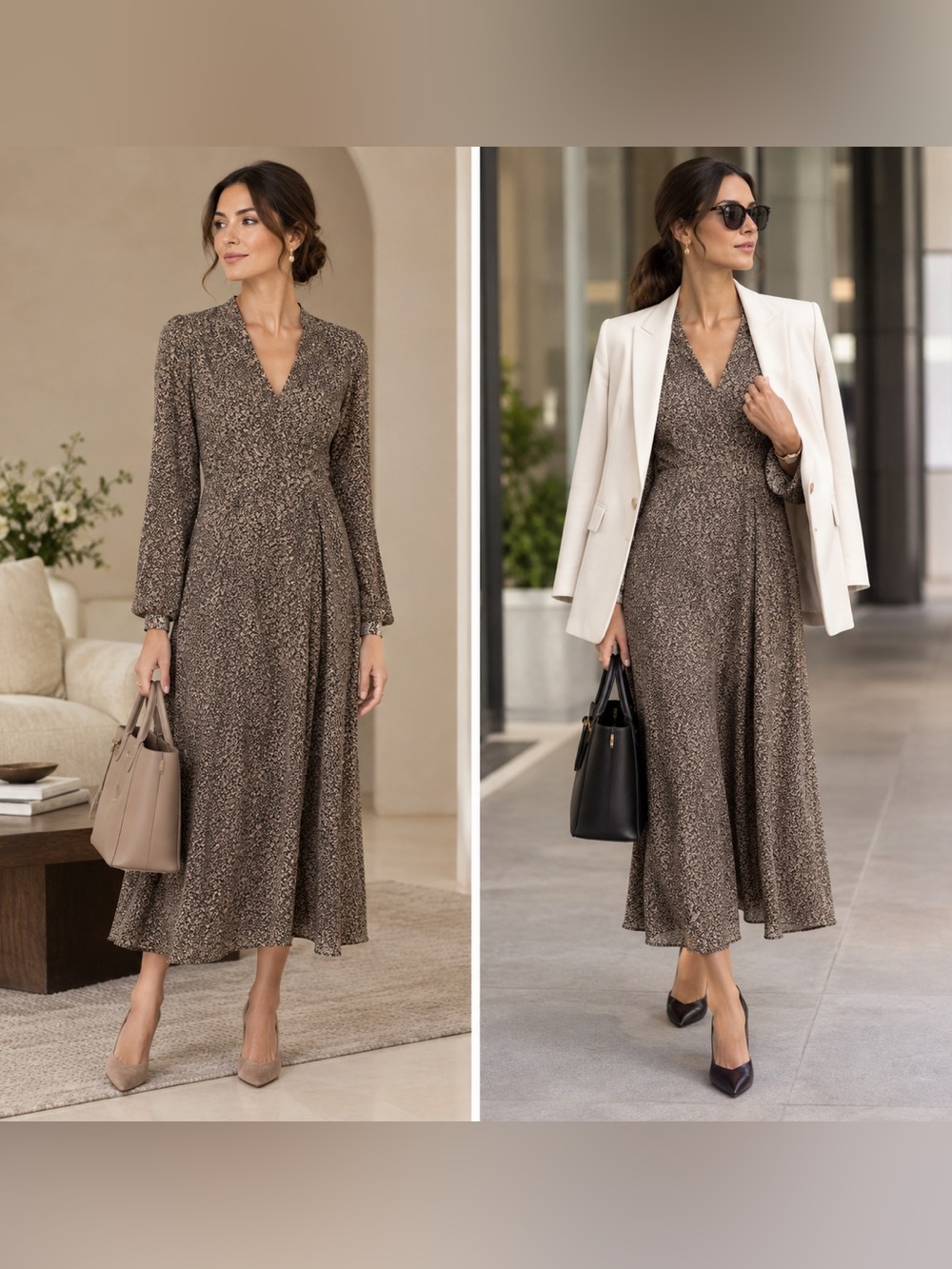Brunello Cucinelli Dress 100% Silk Wrap Geometric Print Mud No Belt Quiet Luxury